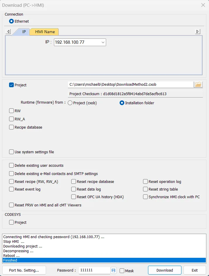 Successful download shows in status area Download via Utility Manager: Download finished message at the bottom status window.