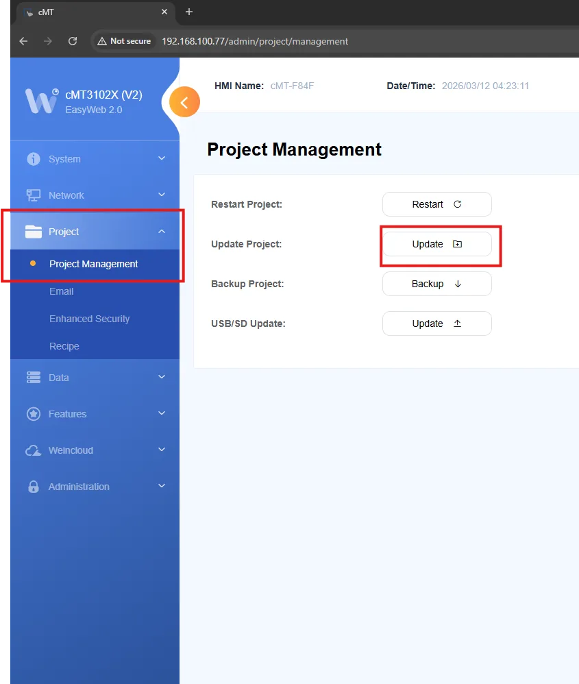 Easyweb Project Download: Project Management EasyWeb Project management subtab in the Project tab. This is where projects and other files can be uploaded or downloaded.
