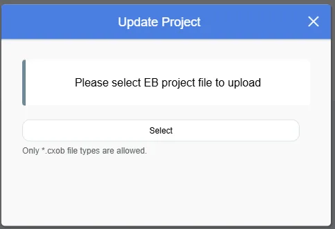 Easyweb Project Download: Select project file Update Project (upload) popup window. This is where you will select the project you wish to download into the HMI.