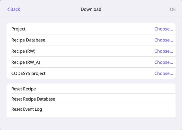 cMT Download selection Download selection window. This is where you can choose what files you wish to download to the HMI. Project, Recipe Database, and more.