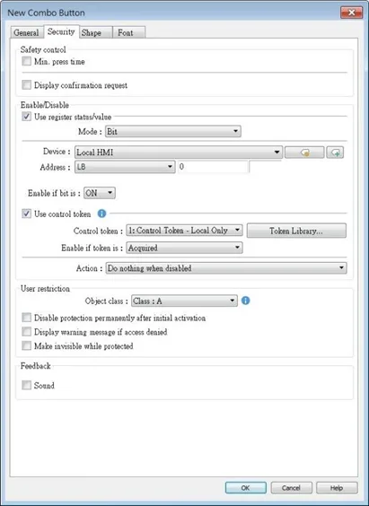 Example of the Security tab in an EBPro object; this is a combo button.  The security tab allows for various behaviors based on register statuses or user access levels. 