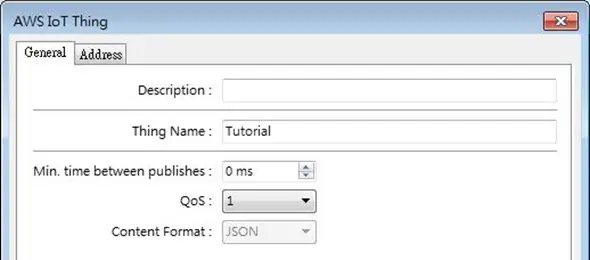 Add Thing name and set parameters AWS IoT Thing dialog. This is where we enter the name of our Thing and general parameters.