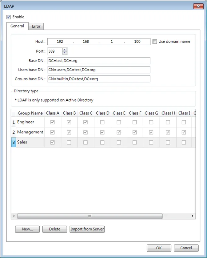 LDAP mode Dialog box.  LDAP mode is opened when clicking the "External Server" button in the Security tab of System Parameters