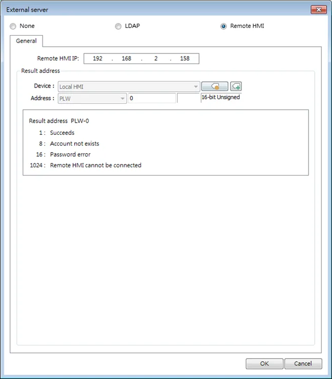 Remote HMI mode Dialog box.  Remote HMI mode is opened when clicking the "External Server" button in the Security tab of System Parameters.  User accounts on the remote HMI are used to log into the local HMI, no need for local HMI account management.