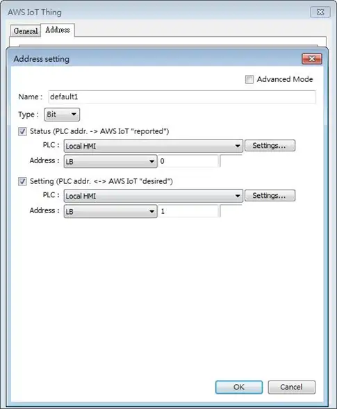 Thing Address tab configuration AWS IoT Thing Address tab. This is where you can set the reported/desired bit addresses in the HMI or connected PLC.