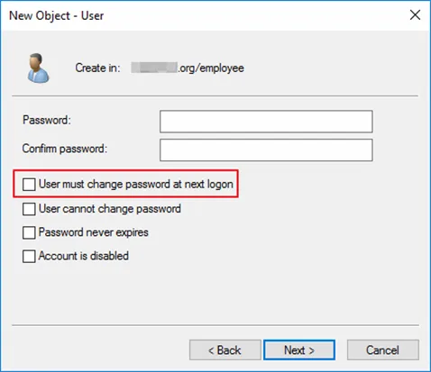 HMI cannot change user’s password; therefore, when adding a new user in LDAP server, please do not select [User must change password next logon].