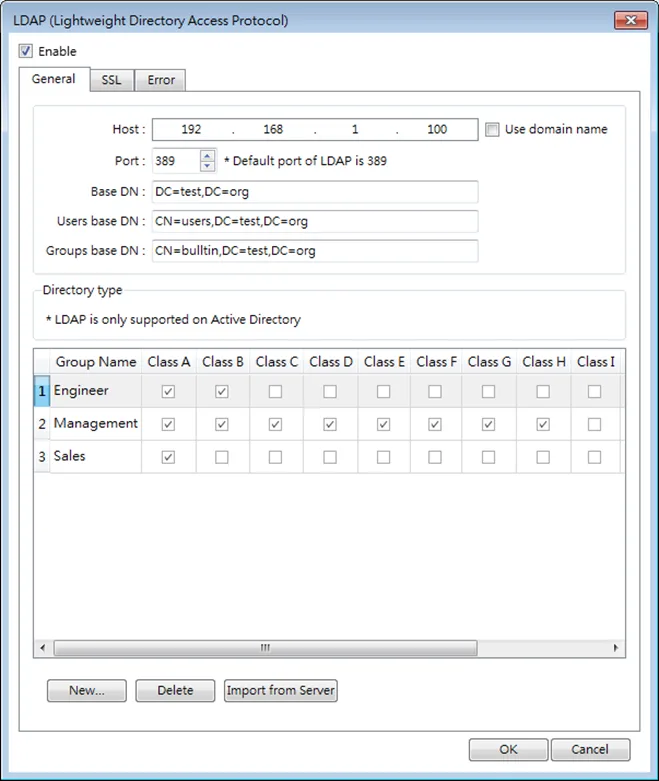 LDAP Object, General Tab.  This is where the LDAP server and user groups are configured.