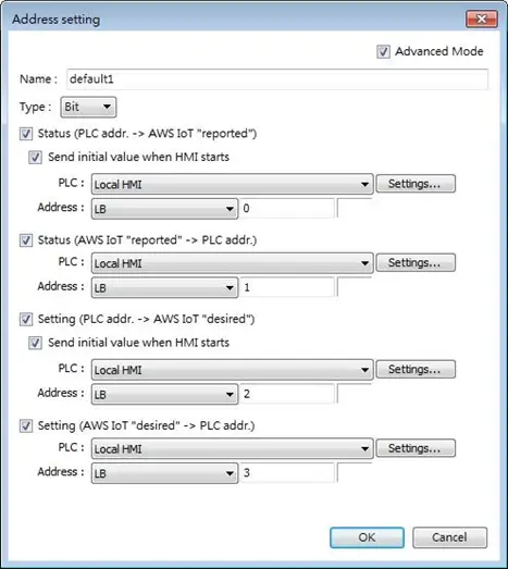 IoT Thing Advanced Mode If the Advanced Mode checkbox is selected, the Status (reported) and Setting (desired) can use different addresses for each data transmission direction to allow more granular control from AWS.