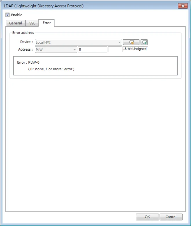 LDAP Object, Error Tab.  When the LDAP server cannot be connected, an error code is shown in the designated address.