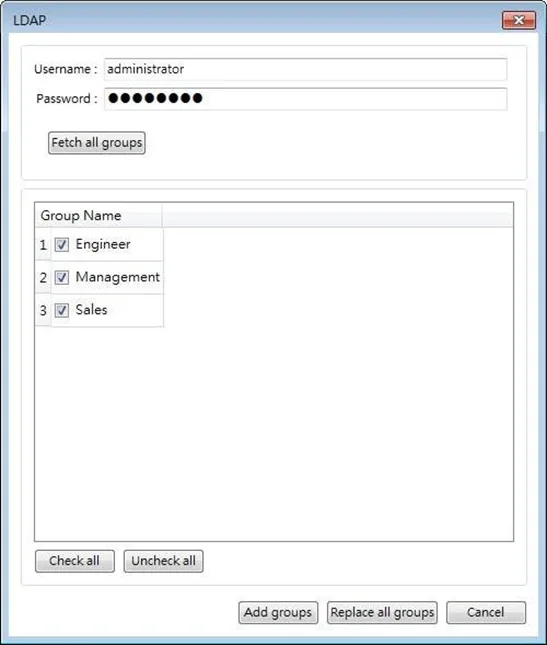 LDAP Settings (Import from Server): Get group information from LDAP server.