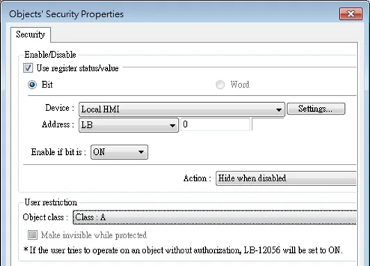 When the selected objects have different security settings pages, Objects’ Security Properties will automatically adjust and show the settings that users are allowed to change. The rest of the settings will be hidden or greyed out. The following is a window that shows when selecting a Bit Lamp and a Numeric object.