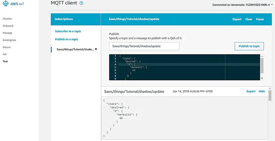 testing Thing within AWS Testing the topic subscribe/functionality of the Thing within the AWS Dashboard