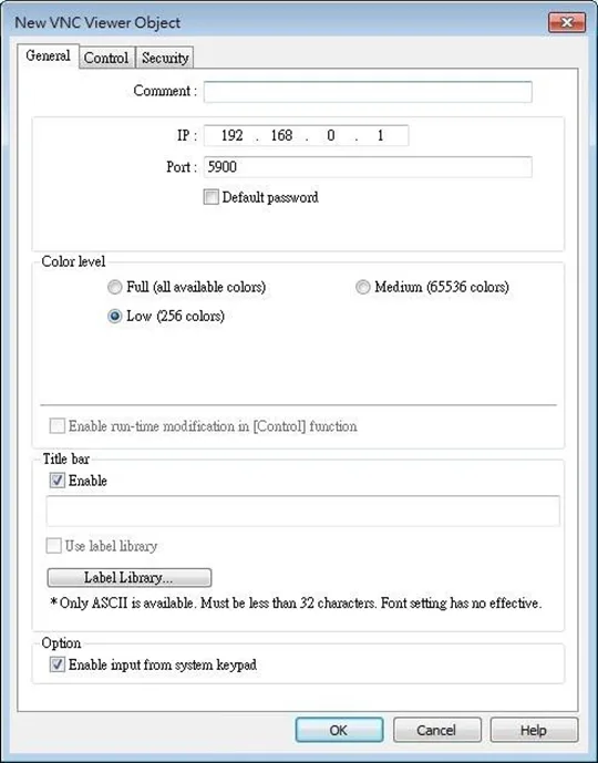 VNC Viewer Object, General tab EBPro VNC Viewer Object, General tab. This is where the connection to the VNC Server is configured.