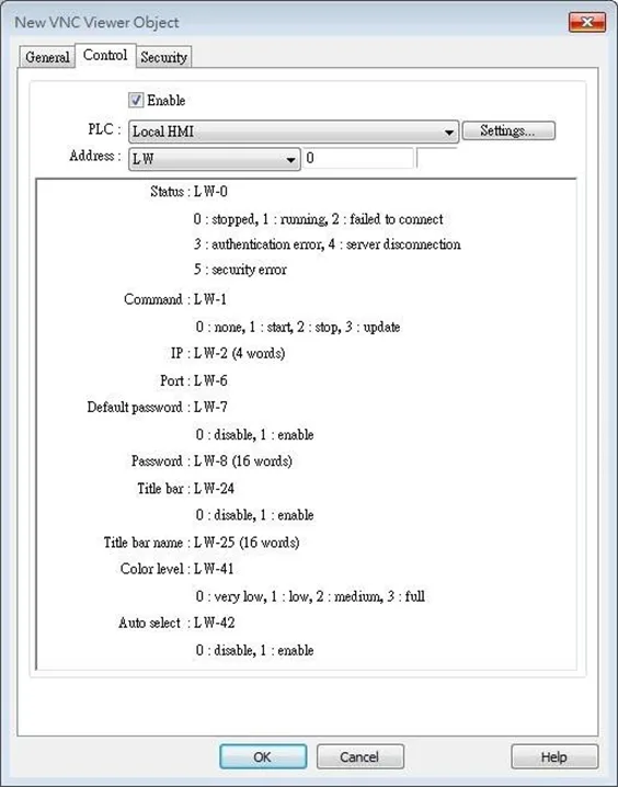 VNC Viewer Object, Control tab EBPro VNC Viewer Object, Control tab. This tab is where you can enable control registers which can help with troubleshooting, or changing settings dynamically.