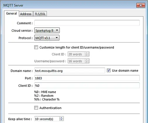 Sparkplug B as Cloud Service EBPro MQTT Server Object, general Tab. Sparkplug B is configured as our Cloud Service.
