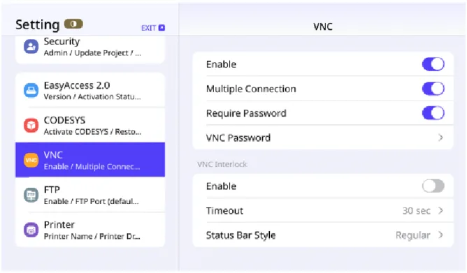 VNC tab in newer cMT models System Settings Menu for cMT and cMT X Series models with OS version 20231201 or later. The VNC tab allows you to configure the VNC operation of the HMI.