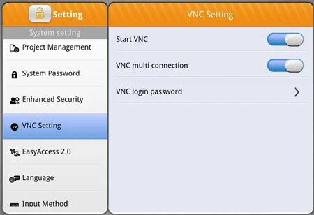 VNC tab in older cMT models System Settings Menu for cMT and cMT X Series models with OS versions prior to 20231201. The VNC tab allows you to configure the VNC operation of the HMI.