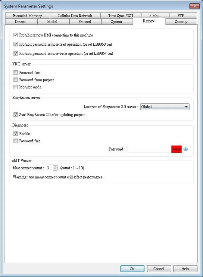 VNC Settings in System Parameters menu, Remote tab In the EasyBuilder Pro System Parameters Menu Remote Tab, you will find VNC Server Connection settings