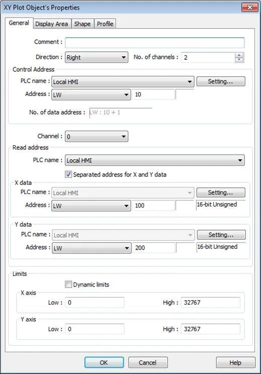 EBPro XY Plot, General tab.  This is the tab where the X and Y axis data, limits, and control addresses are configured.