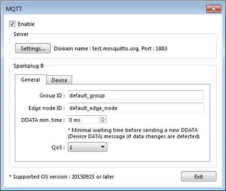 Sparkplug B General tab Sparkplug B General tab Settings. This is where the server address and groups are configured.