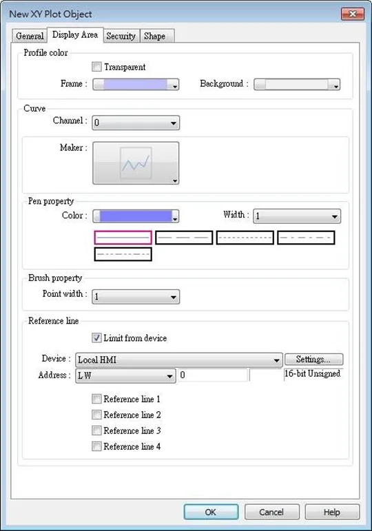 EBPro XY Plot Object, Display Area tab.  This tab controls the profile and properties of the visualization of the XY graph itself.