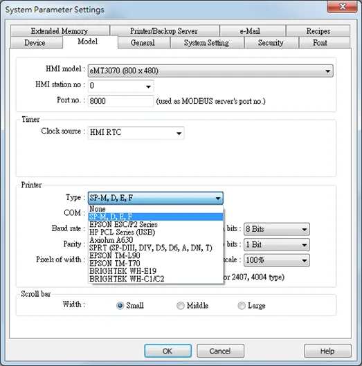 EBPro System Parameters menu, Model tab.  In Printer section, select the printer from the "type" drop-down.  Depending on the printer type selected, configure the communication parameters in the space below the printer type drop-down.