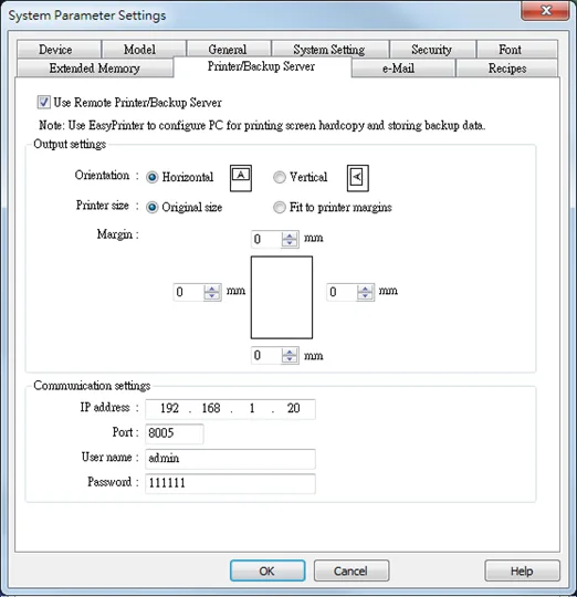 EBPro System Parameters, Printer/Backup Server tab.  To connect to a remote printer Server, this is the tab to which you will configure the Remote Printer / Backup server settings.