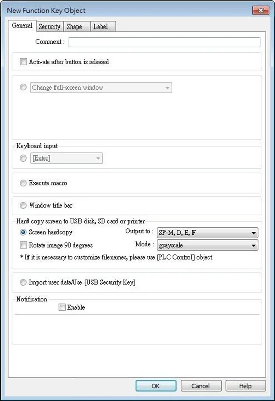 An EBPro Function Key Object is shown, configured to output a screen hardcopy to the configured SP series serial printer. When the function key is pressed, the printer will print.