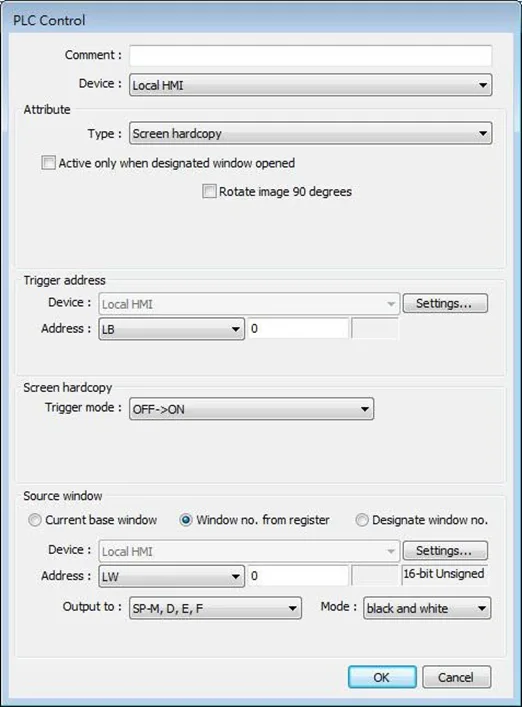 EBPro PLC Control Object shown, configured to perform a screen hardcopy upon the triggering of a bit from off to on.  The printer is selected in the "output to" section at the bottom
