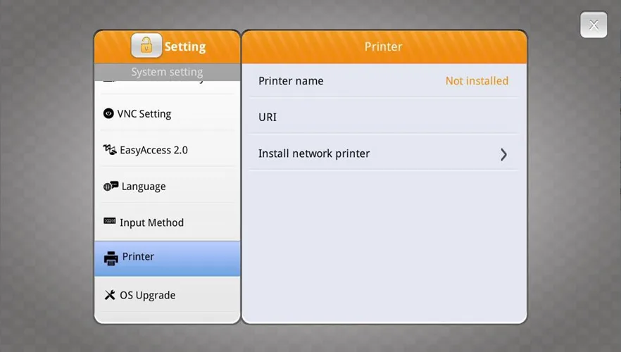 Screenshot of cMT Settings Menu, Printer tab. This tab allows you to configure a network printer. When clicking "install network printer" the unit searches for printers on the network. This process may take several seconds.