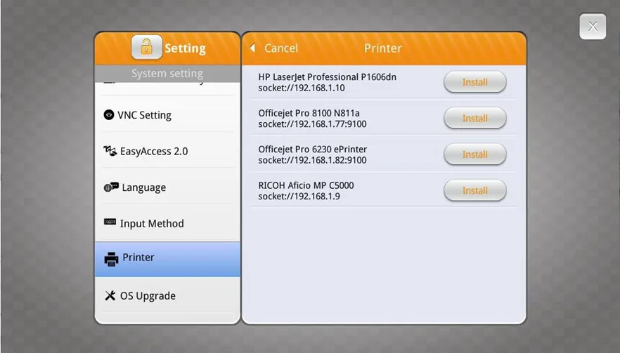 Select a network printer and tap the install button to install the driver.