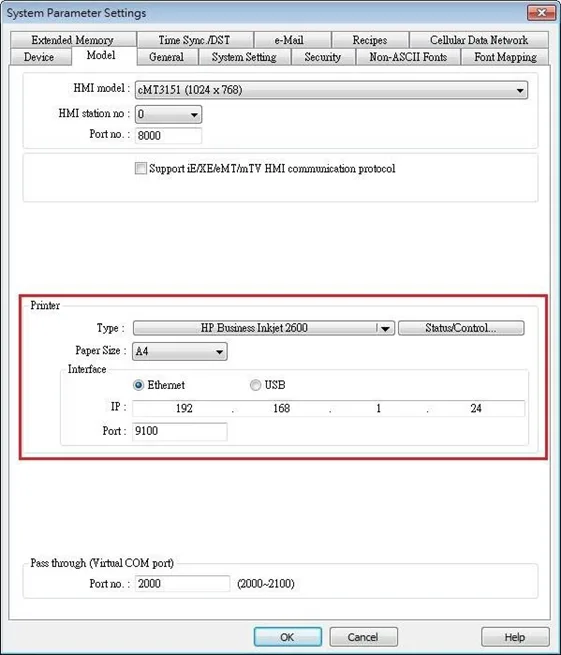 EBPro System Parameters Menu, Model tab. This is where a printer is selected...we're installing an HP printer using the .ppd file.