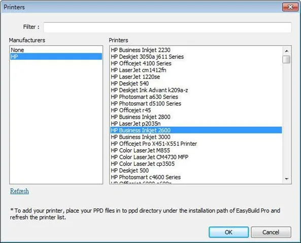 To add a new printer, place the printer’s PPD file in the ppd folder under EasyBuilder Pro installation directory, and then click [Refresh].