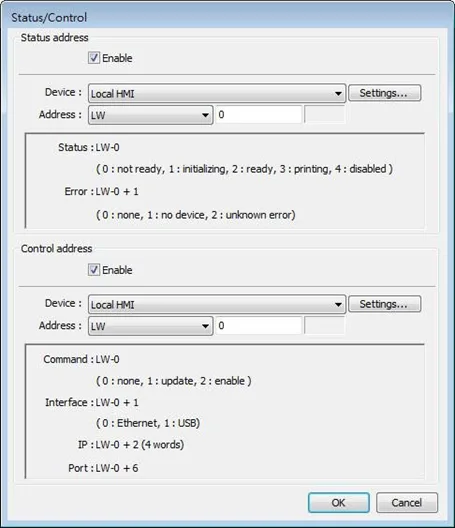 Status/Control window pops up. Use Status Address to monitor printer status, and use Control Address to dynamically update connection parameters.