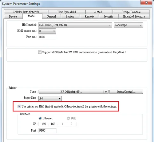 To use the printer selected in the project file, please do not select [Use printer on HMI first (if existed)] option if a printer driver is already installed on HMI. By giving command 1: update in the control address, the printer selected in the project file will be used: