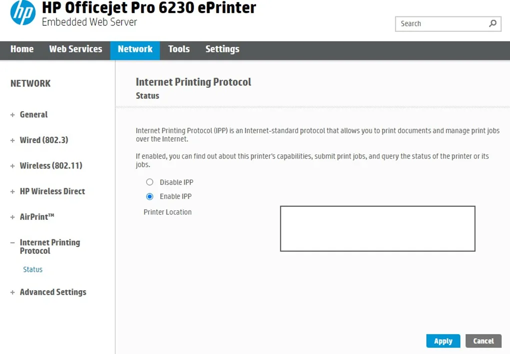 The cMT X Series supports printer usage via the Internet Printing Protocol (IPP). It's essential that the printer also supports the IPP protocol. Taking an HP printer as an example, enabling Internet Printing Protocol (IPP) or Bonjour in the network settings is necessary, as shown.