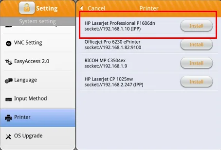 After enabling these options, available printers for installation can be found through the "Install network printer" list in HMI system settings, where "(IPP)" indicates the use of this protocol for communication.
