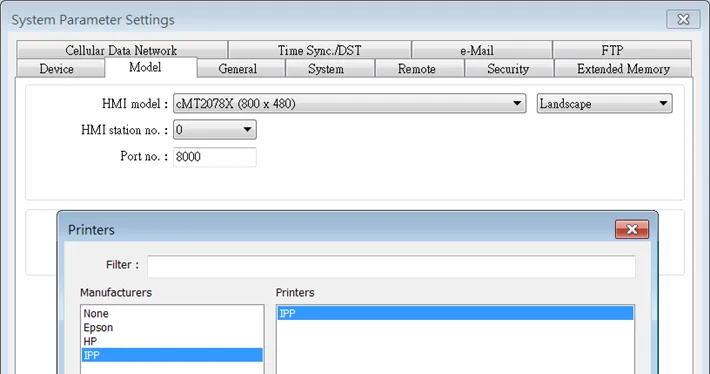 In EasyBuilder Pro, selecting IPP in the printer settings enables normal printing. IPP is listed in the Manufacturer section on the left.