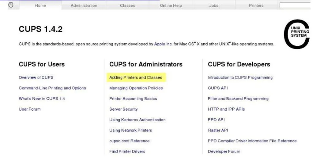 Adding a printer with CUPS Support - Select the Adding Printers and Classes link from the Home tab