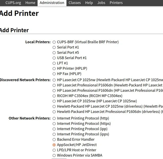 Adding a printer with CUPS Support - Select AppSocket entry in the "other network printers" section