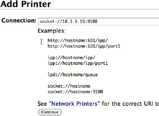 Enter the Printer's IP address. For example, if our printer IP is 10.3.9.55, you would put "socket://10.3.9.55:9100" in the text field.