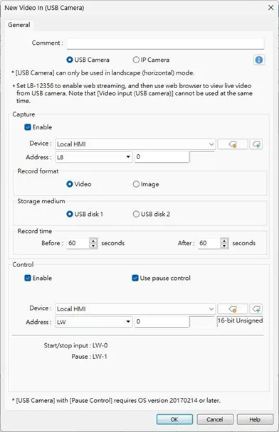 EBPro Video Input Object (USB Camera) window, showing the configuration properties available to this object.
