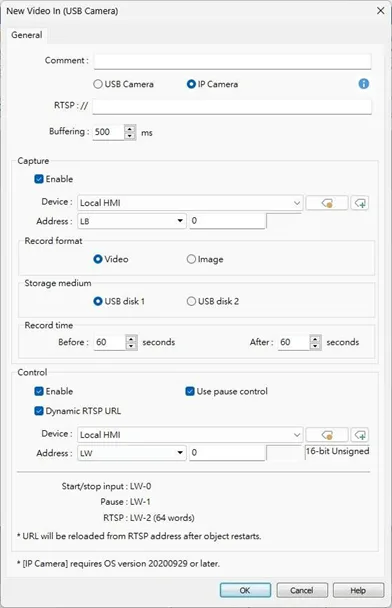 EBPro Video Input Object (IP Camera) window, showing the configuration properties available to this object.  Note the IP Camera button is selected.