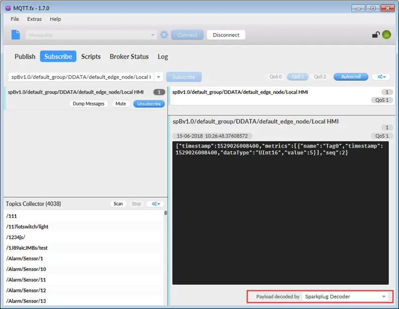 Sparkplug B payload Project running in MQTT.fx client window