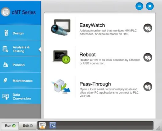 Launch Utility Manager » Select [cMT Series] at the top-left corner. Go to [Analysis & Testing] tab » [Reboot]