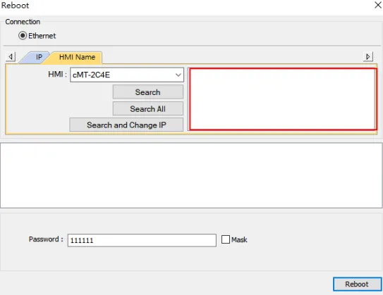 Click Search All to discover the cMT if the PC and cMT are in the same network Clicking the Search All button will display the IP address of the cMT unit, provided the development PC is in the same network neighborhood. If this is the HMI’s initial setup, please set the IP address to 169.254.0.X, where X is any number between 2 and 254