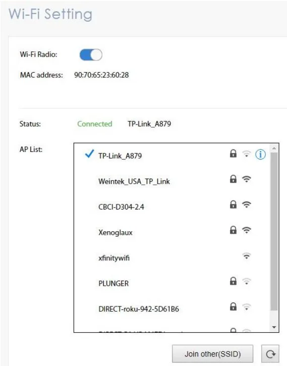 On [Wi-Fi] tab, enable [Wi-Fi Radio]. Click on an access point from the AP List. The popup window will prompt you to enter its password. Once the wireless connection succeeds, the status will display
“Connected.”
