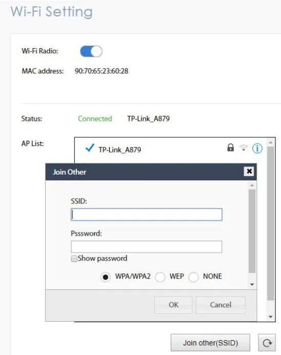 [Join other SSID]- You can manually connect the HMI to an access point that is not displayed on the AP list. Make sure the Wi-Fi signal is strong enough.