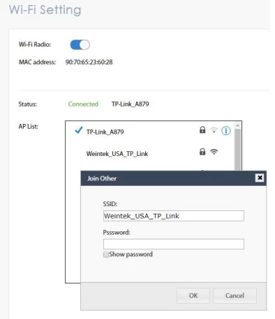 Select a new access point and enter the password to connect to the new one. Select a new access point and enter the password to connect to the new one.