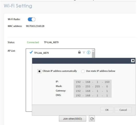 Setting to static IP is available. To use the static IP address, click the blue information icon. Choose [Use static IP address below] and enter the IP address, mask, gateway IP, and DNS.